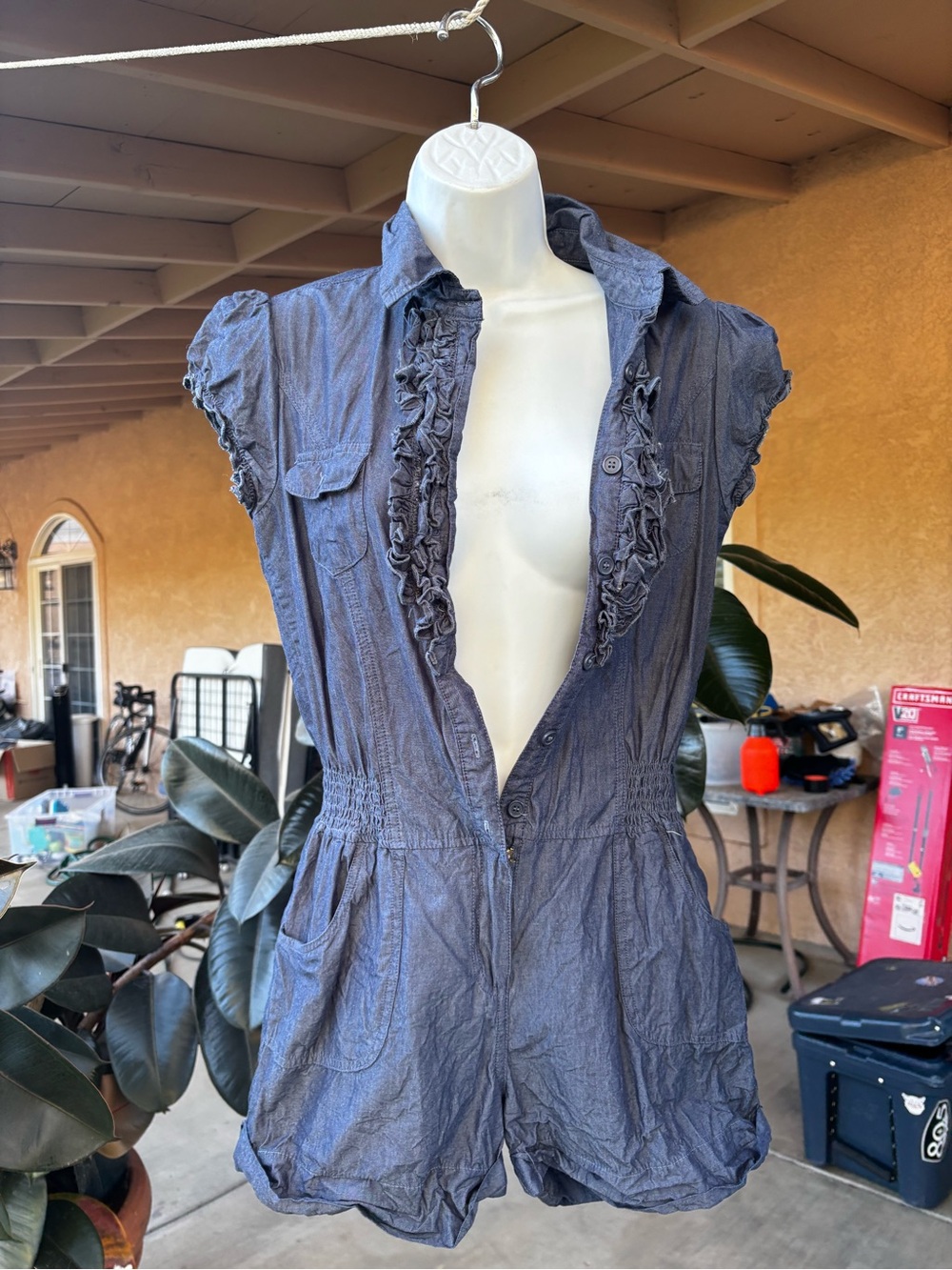 Ruffled Short Sleeve Romper in Slate Blue